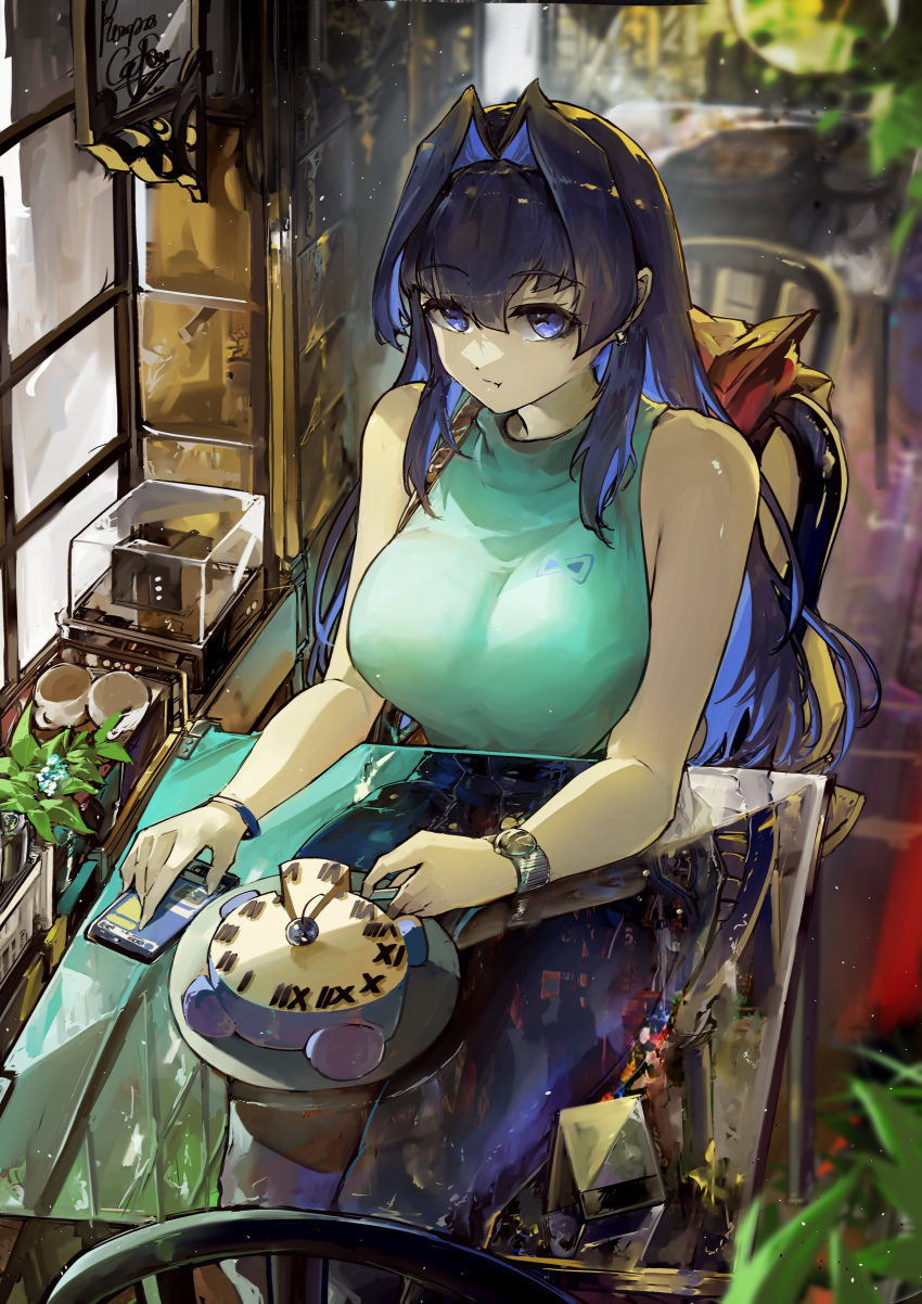 1girl absurdres bag blue_eyes blue_hair cake casual cellphone clock colored_inner_hair contemporary display_case earrings food hair_intakes highres hololive hololive_english jewelry kronie_(ouro_kronii) long_hair looking_at_viewer multicolored_hair ouro_kronii pants phone sitting sleeveless smartphone solo transparent virtual_youtuber vyragami watch watch