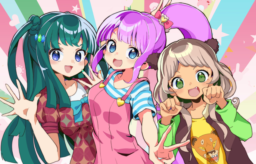 3girls :3 :d animal_print blue_bow blue_eyes blunt_bangs blush bow braid brown_dress brown_jacket ceros claw_pose collarbone dark-skinned_female dark_skin diagonal_stripes dress fang fingernails green_eyes green_hair green_jacket hair_bow hair_ornament hand_up hands_up heart high_ponytail idol_time_pripara jacket light_brown_hair lion_print long_hair long_sleeves looking_at_viewer manaka_non multicolored_background multicolored_clothes multicolored_shirt multiple_girls open_clothes open_jacket open_mouth overalls pinafore_dress pink_bow pink_dress pink_overalls pretty_(series) print_shirt pripara puffy_short_sleeves puffy_sleeves purple_hair red_dress shirt short_sleeves side_ponytail sidelocks smile star_(symbol) striped striped_background striped_shirt suspenders t-shirt taiyou_pepper tsukikawa_chiri upper_body v v-shaped_eyebrows very_long_hair w white_shirt yellow_shirt