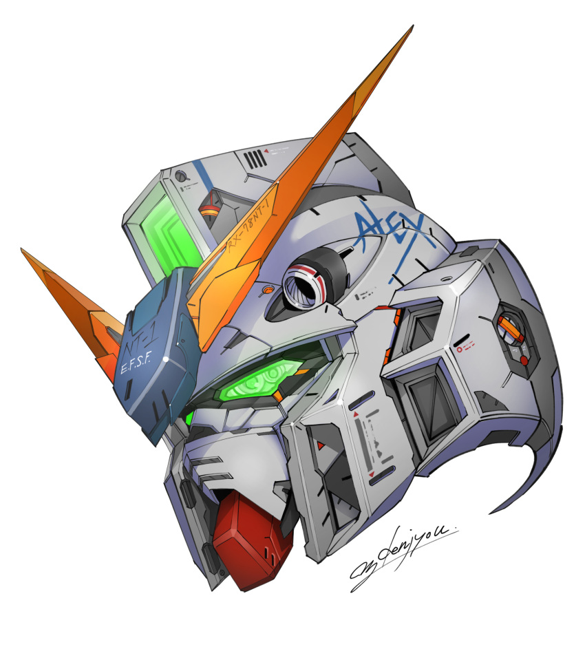 commentary denjyou23 earth_federation_space_forces green_eyes gundam gundam_0080 gundam_alex head_only highres mecha mobile_suit no_humans robot science_fiction signature simple_background solo v-fin white_background