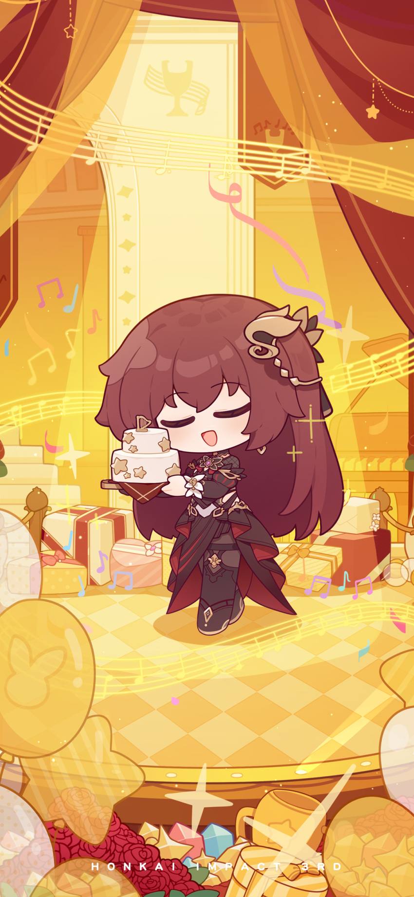 1girl :d balloon blush brown_hair cake chibi chinese_commentary closed_eyes eden_(honkai_impact) english_text flower food gift highres holding holding_cake holding_food honkai_(series) honkai_impact_3rd instrument leggings long_hair music musical_note official_art official_wallpaper piano red_flower red_rose rose singing smile solo stage stage_curtains star_(symbol) star_balloon
