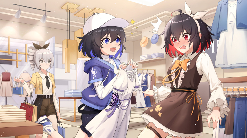 3girls absurdres ahoge bag belt black_hair blue_eyes blue_jacket blush breasts bronya_zaychik broseele bug butterfly dress drill_hair grey_hair hair_ribbon hat highres holding holding_clothes holding_dress honkai_(series) honkai_impact_3rd indoors jacket looking_at_another looking_at_object multiple_girls ponytail red_eyes ribbon seele_(alter_ego) seele_vollerei shirt shop shopping shopping_bag small_breasts standing surprised white_shirt