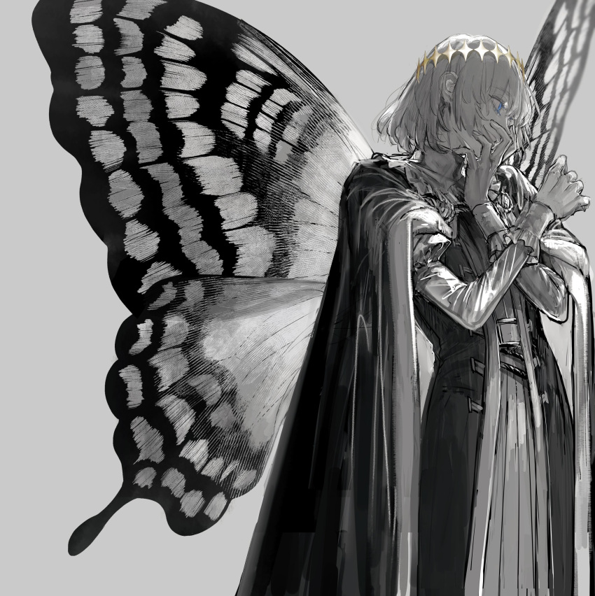 1boy absurdres au_(d_elite) blue_eyes butterfly_wings cape diamond_hairband fate/grand_order fate_(series) greyscale grin hair_between_eyes hairband hand_to_own_mouth highres insect_wings long_sleeves male_focus monochrome oberon_(fate) profile simple_background smile solo spot_color wings
