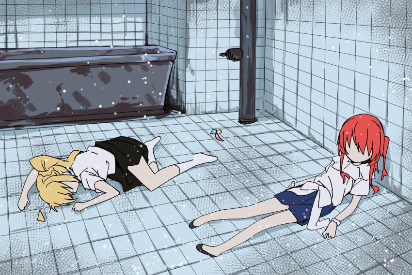 2girls against_wall ahoge bathroom bathtub black_footwear black_skirt blonde_hair blue_skirt bocchi_the_rock! commentary_request cube_hair_ornament gotou_hitori hair_ornament ijichi_nijika indoors industrial_pipe kita_ikuyo loafers long_hair lying multiple_girls on_stomach one_side_up pink_hair pleated_skirt redhead saw_(movie) scene_reference school_uniform scrunchie shirt shoes short_sleeves side_ponytail sidelocks sitting skirt socks take_shinobu tile_floor tiles unconscious white_shirt white_socks wrist_scrunchie