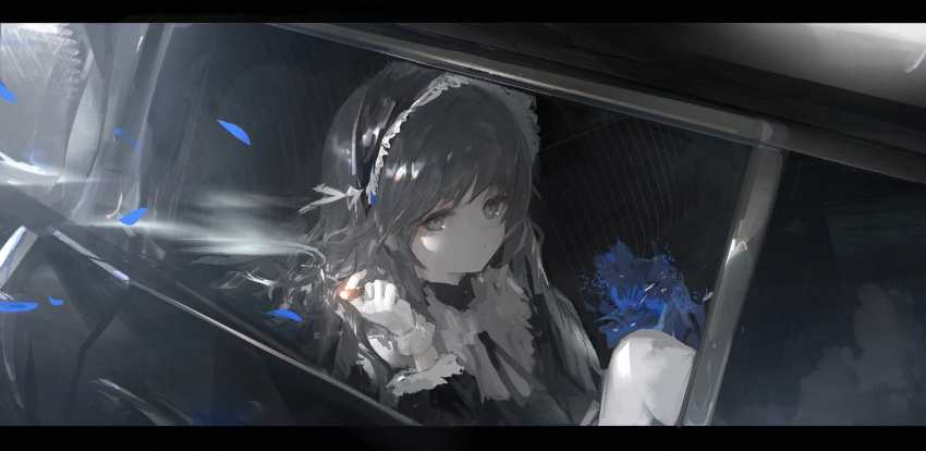 1girl black_dress blue_flower blue_rose car cigar closed_mouth dress expressionless flower frilled_dress frilled_hairband frills gloves gothic_lolita grey_eyes grey_hair ground_vehicle hairband hand_up highres holding holding_cigar holding_flower letterboxed lolita_fashion long_hair long_sleeves looking_at_viewer misumigumi motor_vehicle original parted_lips petals ribbon rose sitting smoke smoking solo upper_body white_gloves window