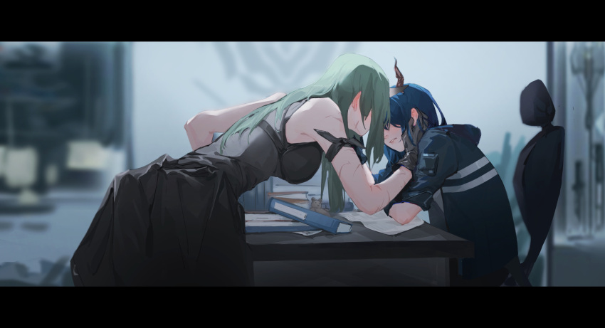2girls absurdres arknights arm_scarf baichuanhaokun black_dress black_gloves blue_hair blurry blurry_background book ch'en_(arknights) chair cowboy_shot dragon_girl dragon_horns dress face-to-face from_side gloves great_lungmen_logo green_hair hair_over_eyes hand_on_another's_cheek hand_on_another's_face highres hood hooded_jacket horns hoshiguma_(arknights) indoors jacket leaning_forward letterboxed long_hair multiple_girls office parted_lips scar scar_on_arm single_horn skin-covered_horns sleeveless sleeveless_dress table too_many_scars