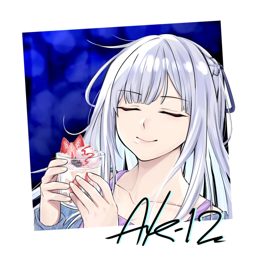 1girl ak-12_(girls'_frontline) blue_background casual character_name closed_eyes collarbone cup english_commentary food food_on_face fruit girls_frontline highres holding holding_cup long_hair parfait samsam_s2s smile solo strawberry strawberry_parfait upper_body white_hair