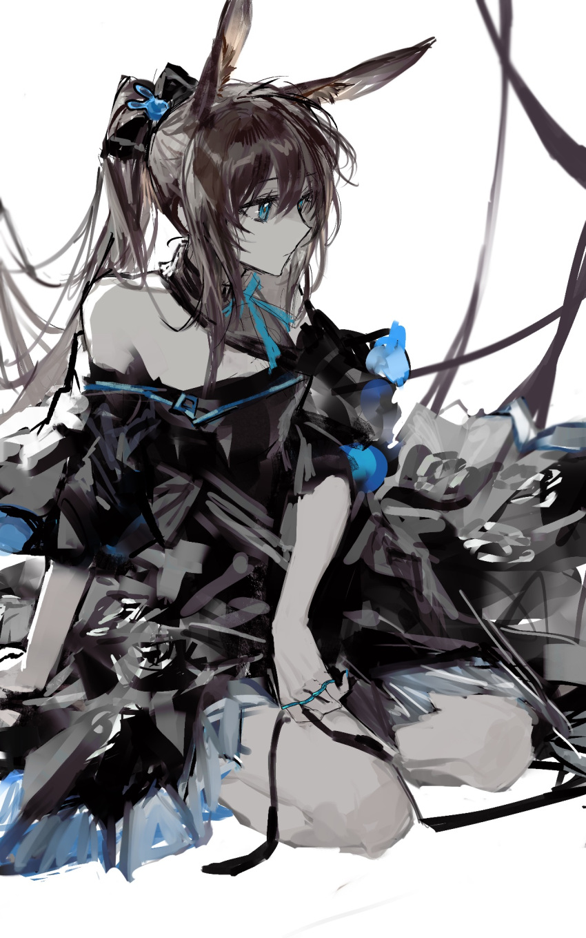 1girl ambience_synesthesia amiya_(arknights) animal_ears arknights black_bow black_dress black_ribbon blue_ribbon bow brown_hair closed_mouth dress expressionless from_side hair_bow hair_ornament high_ponytail highres infection_monitor_(arknights) jewelry long_hair looking_to_the_side multiple_rings off_shoulder rabbit_ears rabbit_hair_ornament remsrar ribbon ring sitting solo very_long_hair yokozuwari