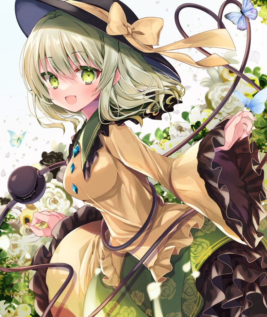 1girl :d absurdres black_headwear blue_butterfly blush bow breasts bug butterfly butterfly_on_hand floral_print flower flower_request frilled_shirt_collar frilled_sleeves frills green_eyes green_hair green_skirt hat hat_bow hat_ribbon heart heart_of_string highres kasane_(cynthia) komeiji_koishi long_sleeves medium_breasts open_mouth ribbon rose_print shirt skirt smile solo third_eye touhou white_flower wide_sleeves yellow_bow yellow_shirt