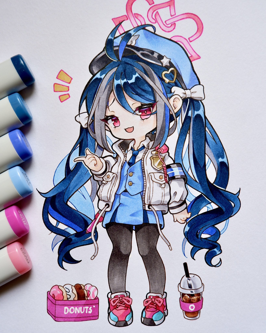 1girl armband blue_archive blue_hair blue_headwear blue_necktie blue_skirt blue_vest bow chibi cup disposable_cup doughnut drinking_straw food fubuki_(blue_archive) full_body grey_background grey_hair grey_jacket hair_bow hair_ornament halo hat head_tilt heart heart_hair_ornament highres jacket marker_(medium) multicolored_hair necktie pointing police_badge police_hat popi_(maqu2_berry) shoes skirt smile smug sneakers solo streaked_hair traditional_media vest white_bow
