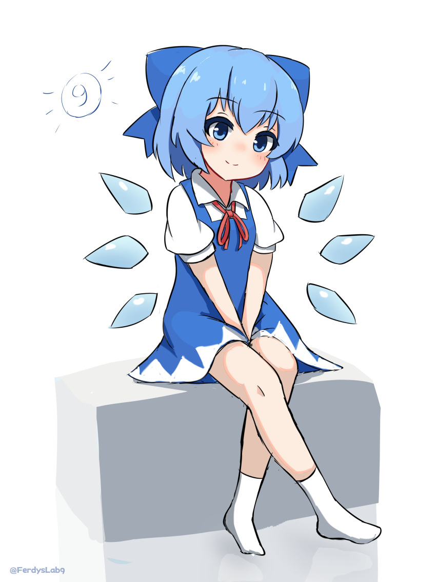1girl absurdres artist_name blue_bow blue_dress blue_eyes blue_hair blush bow circled_9 cirno closed_mouth dress ferdy's_lab full_body highres ice ice_wings looking_at_viewer puffy_short_sleeves puffy_sleeves red_ribbon ribbon shirt short_hair short_sleeves simple_background sitting smile socks solo touhou twitter_username white_background white_shirt wings