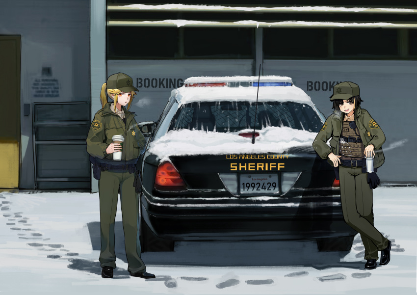 2girls absurdres baseball_cap black_hair blonde_hair body_armor brown_eyes cable_tie car cup footprints grey_eyes gun hat highres holding holding_cup holster holstered_weapon los_angeles_county_sheriff's_department magazine_(weapon) motor_vehicle multiple_girls original plate_carrier police police_car police_uniform policewoman ponytail snow tuzik10 uniform weapon