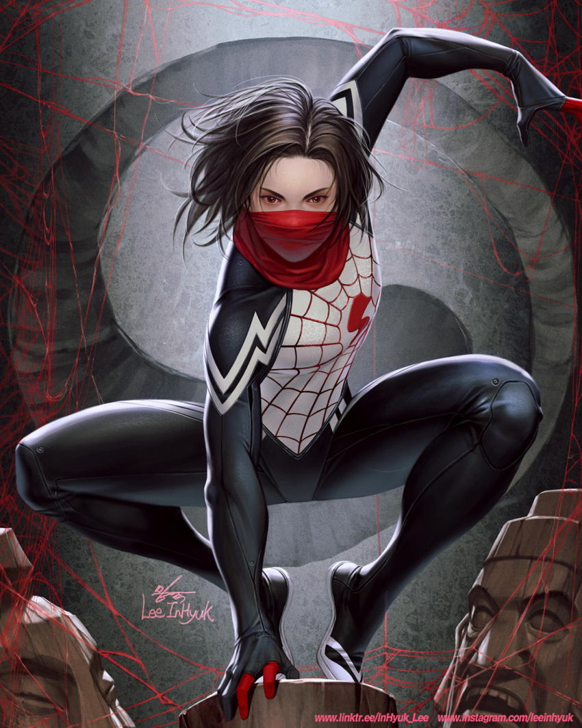 1girl artist_name black_hair bodysuit cindy_moon english_text highres in-hyuk_lee looking_at_viewer marvel mask medium_hair signature silk_(marvel) spider-man_(series) web_address