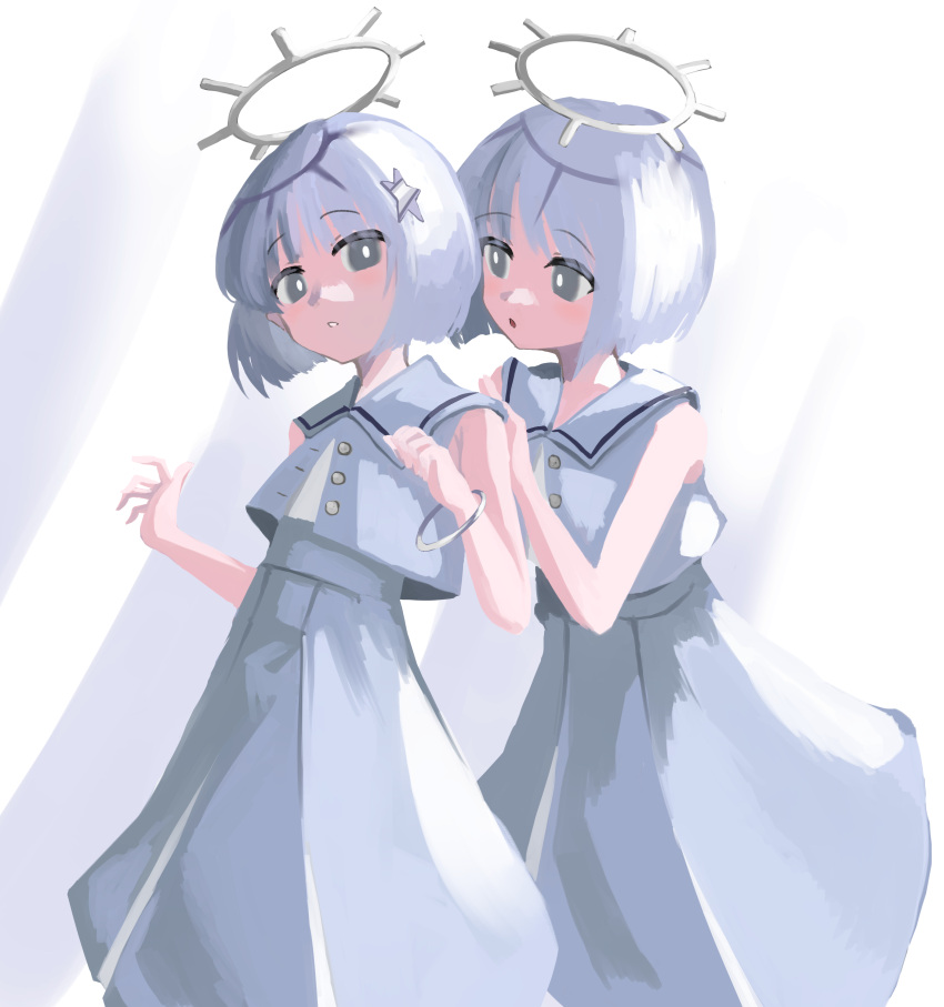 2girls absurdres behind_another blunt_ends bob_cut bright_pupils coeiroink cropped_shirt dress feet_out_of_frame grey_dress grey_eyes grey_hair grey_sailor_collar grey_shirt hair_ornament halo hand_on_another's_shoulder hand_up hands_up highres hino_(mkmkobk) looking_at_viewer multiple_girls nako_(coeiroink) open_mouth parted_lips reco_(coeiroink) sailor_collar shirt short_hair siblings sleeveless sleeveless_dress sleeveless_shirt star_(symbol) star_hair_ornament twins white_pupils