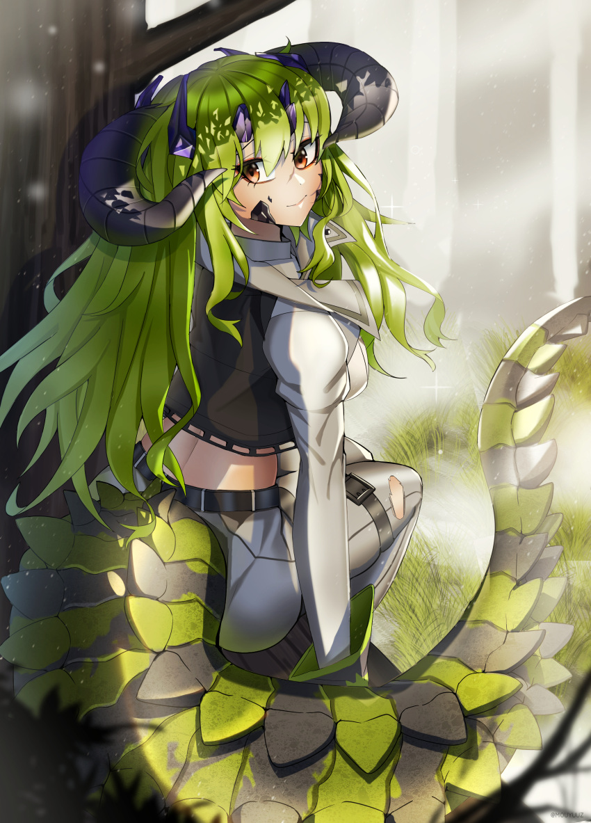 1girl absurdres arknights brown_eyes crocodilian crocodilian_tail dragon_horns dragon_tail estelle_(arknights) gloves green_gloves green_hair grey_pants hair_between_eyes highres horns long_hair long_sleeves looking_at_viewer mouyuuarts originium_arts_(arknights) oripathy_lesion_(arknights) pants scar scar_on_face smile solo tail torn_clothes torn_pants