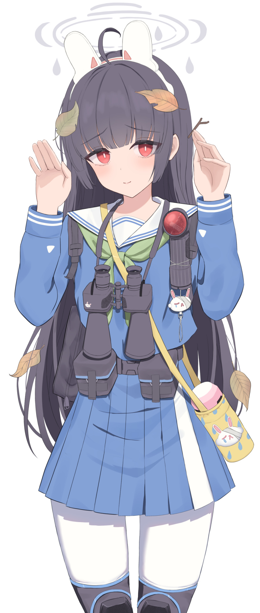 1girl absurdres ama_(amastration55) animal_ears binoculars black_hair blue_archive blunt_bangs bottle commentary_request fake_animal_ears hairband halo highres knee_pads leaf leaf_on_head long_hair long_sleeves looking_at_viewer miyu_(blue_archive) pleated_skirt rabbit_ears red_eyes school_uniform serafuku shoulder_strap sidelocks simple_background skirt smile solo thermos water_bottle white_background