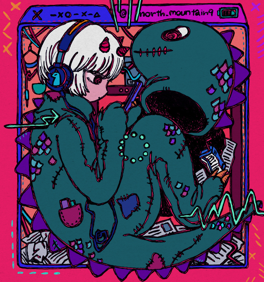 1girl animal_costume battery_indicator cable cellphone dinosaur_costume flat_color from_side headphones highres holding holding_phone horns juice_box knees_up looking_at_object looking_at_phone mascot_costume mascot_head mitsuno_(northeast_mountain) multiple_horns northeast_mountain original paper phone profile red_eyes short_hair sitting smartphone solo white_hair window_(computing)