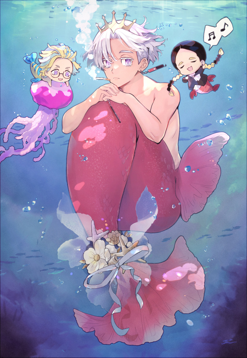 3boys air_bubble animal arthropod_boy blue_background bmw_(man24) braid bright_pupils bubble chibi cigarette closed_mouth colored_eyelashes completely_nude crab_boy earrings fins fish flower full_body glasses haitani_ran haitani_rindou highres holding jellyfish jewelry kurokawa_izana looking_at_another looking_at_viewer male_focus merman monster_boy monsterification multicolored_hair multiple_boys music musical_note nude red_scales ribbon scales short_hair singing spoken_musical_note starfish streaked_hair tail tail_flower tail_ornament tail_ribbon tiara tokyo_revengers twin_braids underwater violet_eyes white_flower white_hair
