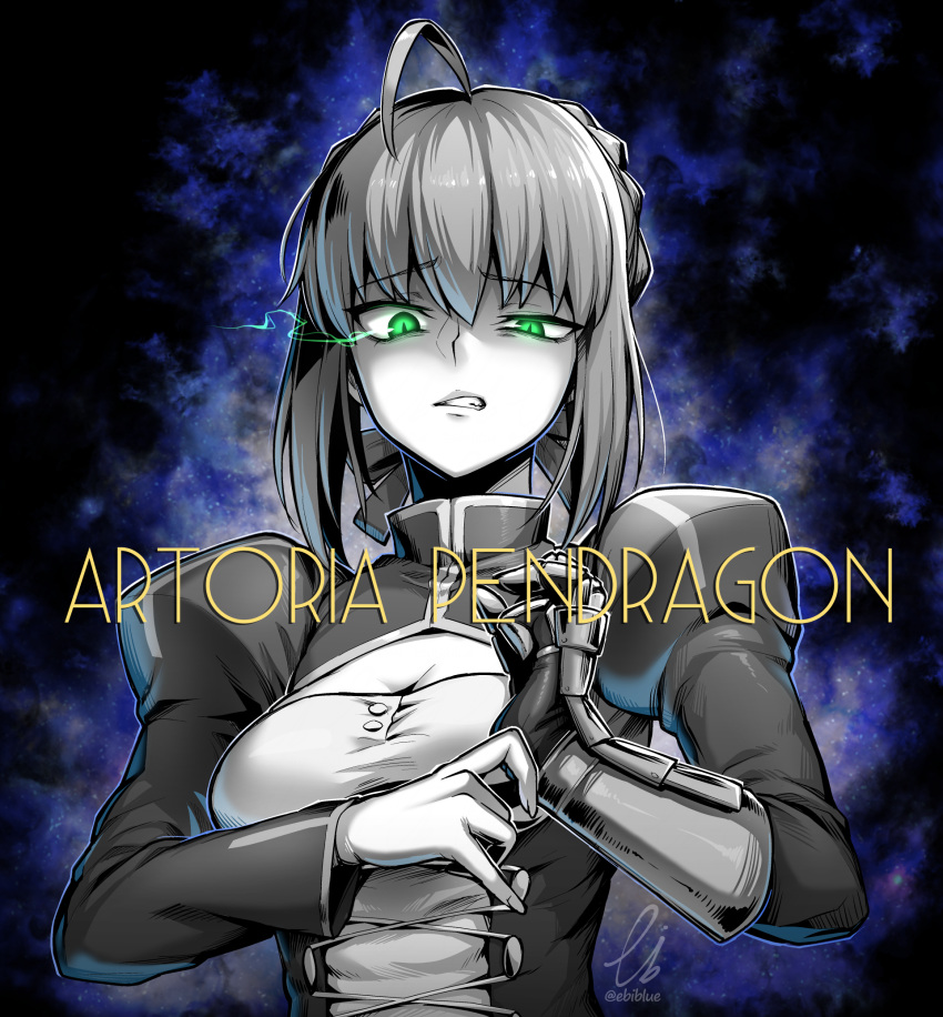 1girl ahoge artoria_pendragon_(fate) breasts character_name cleavage_cutout clothing_cutout commission ebiblue fate/grand_order fate_(series) gauntlets gesugao green_eyes greyscale hair_ribbon highres juliet_sleeves long_sleeves looking_at_viewer monochrome pixiv_commission puffy_long_sleeves puffy_sleeves ribbon saber single_gauntlet slit_pupils small_breasts sneer solo spot_color