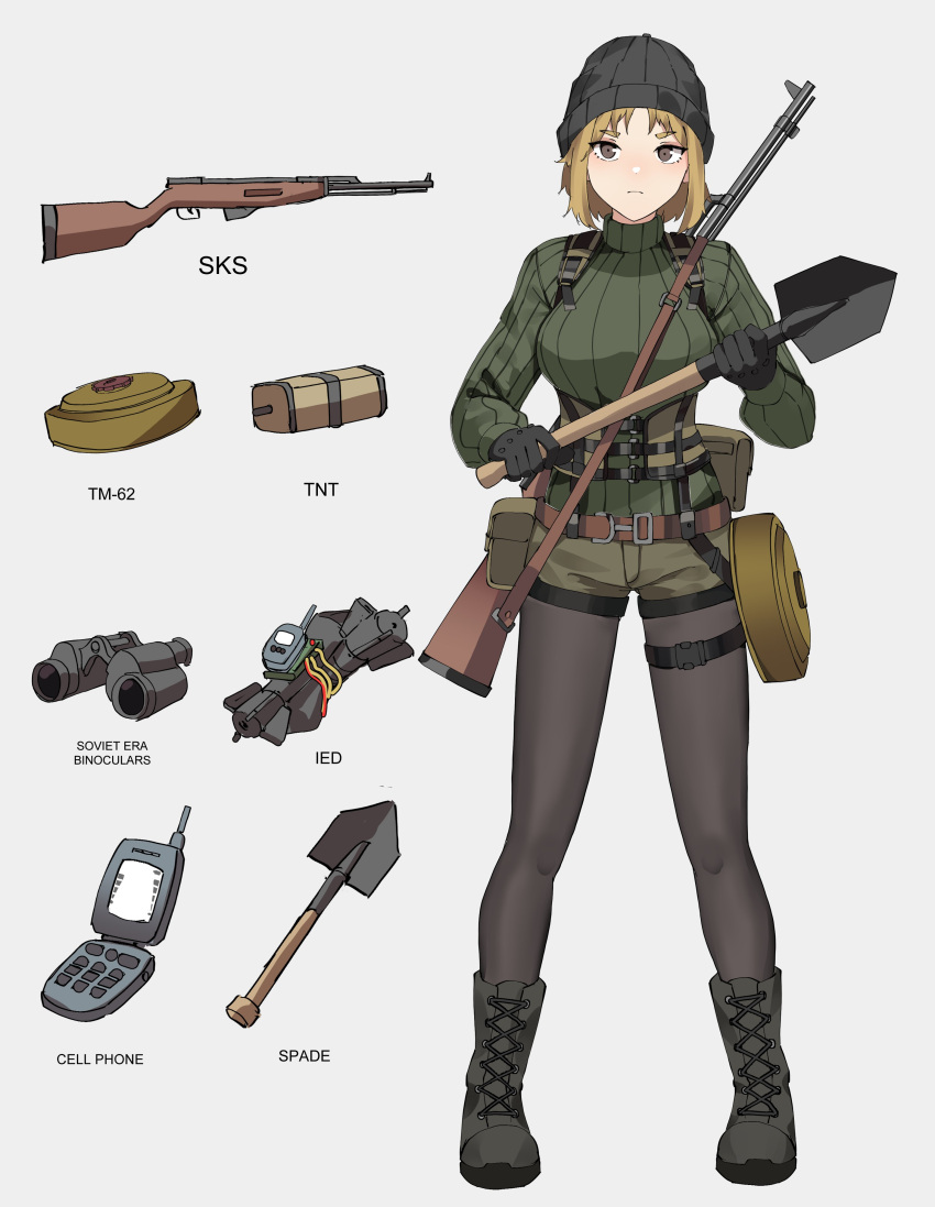 1girl absurdres ammunition_pouch anti-tank_mine beanie belt binoculars black_footwear black_gloves black_headwear black_pantyhose boots breasts brown_belt brown_eyes cellphone closed_mouth combat_boots commentary cross-laced_footwear english_commentary english_text entrenching_tool explosive flip_phone full_body gar32 gloves green_footwear green_shorts green_sweater gun hat highres holding holding_shovel improvised_weapon lace-up_boots light_brown_hair light_frown long_sleeves looking_at_viewer military military_uniform mine_(weapon) original pantyhose phone pouch serious shorts shovel simple_background sks sling snap-fit_buckle solo soviet standing sweater thigh_strap tnt turtleneck turtleneck_sweater uniform weapon weapon_name weapon_on_back white_background