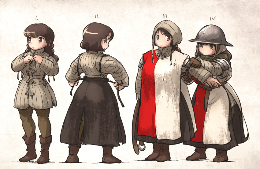 2girls armor belt boots braid brown_hair full_body gambeson gloves highres ironlily kettle_helm long_hair medieval multiple_girls ordo_mediare_sisters_(ironlily) original standing tabard twin_braids_sister_(ironlily)