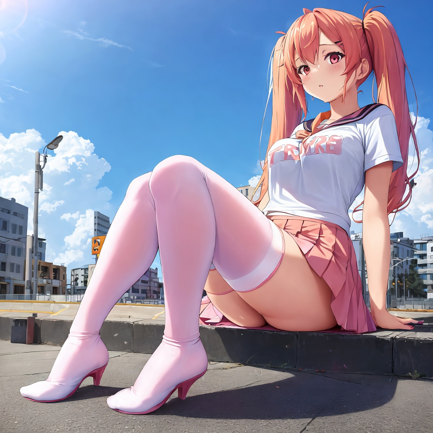 1girl blue_sky city cityscape dress highres long_sleeves non-web_source panties pink_dress pink_hair pink_panties redhead sky twintails underwear upskirt