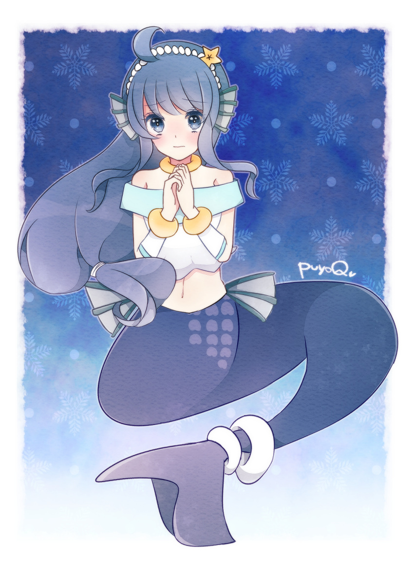 1girl blue_background blue_eyes blue_hair blush head_fins highres long_hair looking_at_viewer madou_monogatari mermaid monster_girl own_hands_together puyopuyo serilly_(puyopuyo) solo starfish_hair_ornament y21otsu