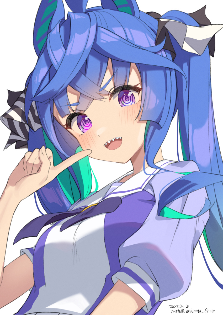 1girl :d animal_ears blue_bow blue_hair blue_shirt blush bow breasts commentary_request hand_up highres hirota_fruit horse_ears long_hair looking_at_viewer puffy_short_sleeves puffy_sleeves ringed_eyes sharp_teeth shirt short_sleeves signature simple_background small_breasts smile solo teeth twin_turbo_(umamusume) twintails twitter_username umamusume upper_body violet_eyes white_background