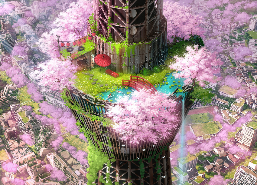 animal bench bird bridge carp cherry_blossoms commentary_request day flower highres no_humans oil-paper_umbrella original outdoors overgrown pink_flower red_umbrella ruins scenery tokyo_sky_tree tokyogenso tree umbrella water whale