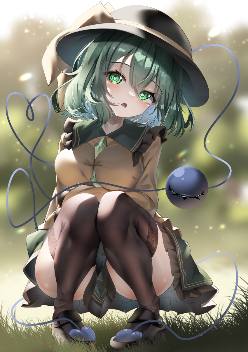 absurdres black_headwear bow breasts buttons dfra diamond_button eyeball eyelashes frilled_shirt_collar frilled_sleeves frills green_eyes green_hair green_skirt hat hat_bow hat_ribbon heart heart-shaped_pupils heart_of_string highres komeiji_koishi large_breasts open_mouth ribbon shirt shoes skirt squatting symbol-shaped_pupils teppeki_skirt thigh-highs thighs third_eye touhou wide_sleeves yellow_ribbon yellow_shirt