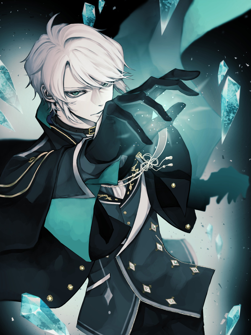 1boy absurdres black_gloves black_jacket blue_eyes commission gloves highres inota jacket looking_at_viewer male_focus original outstretched_hand pale_skin pixiv_commission shards short_hair standing white_hair wizard