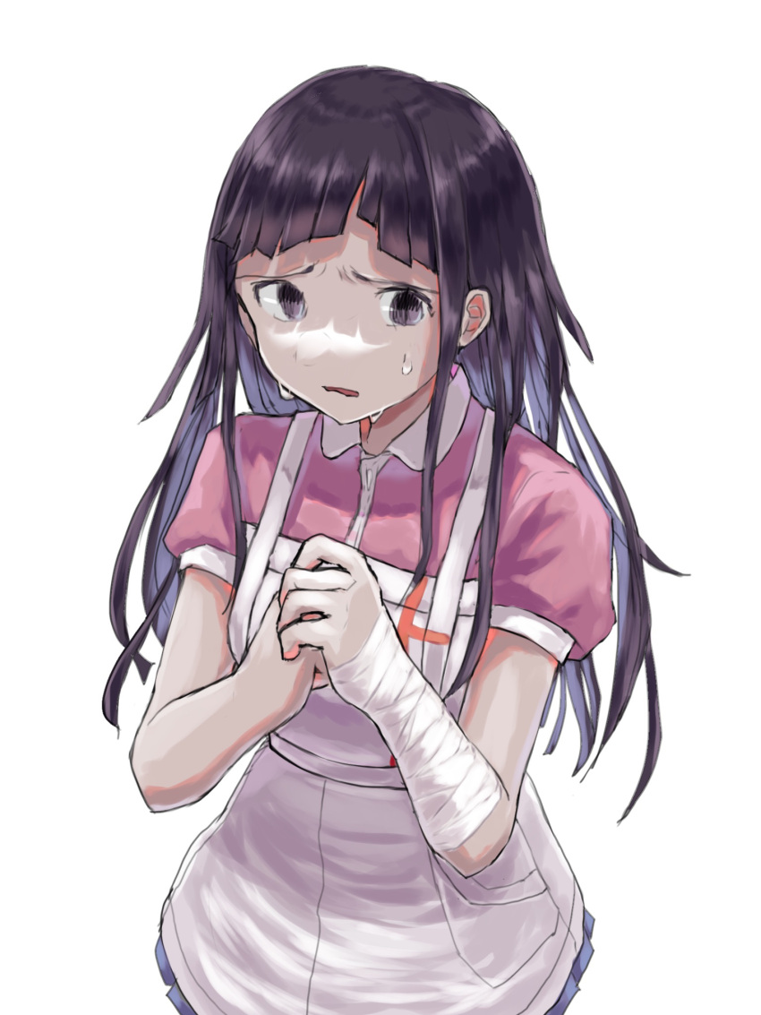 1girl apron bandages black_hair collared_shirt danganronpa_(series) danganronpa_2:_goodbye_despair grey_apron grey_background hands_up highres hollowgeek long_hair mole multicolored_hair no_mole open_mouth own_hands_together pink_shirt pleated_skirt puffy_short_sleeves puffy_sleeves shirt short_sleeves simple_background skirt solo sweat tsumiki_mikan two-tone_hair two-tone_shirt white_shirt