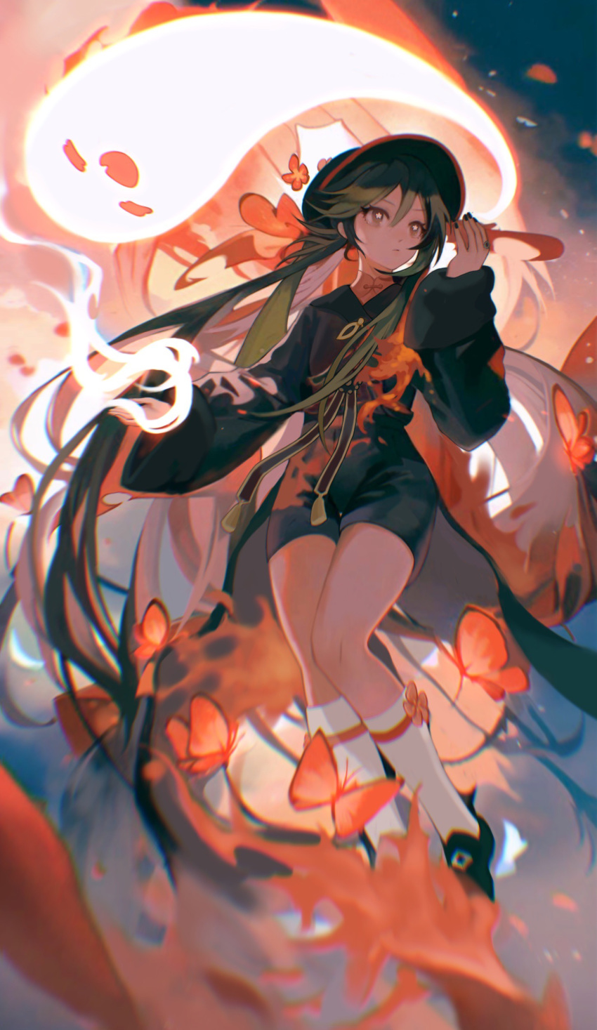 1girl absurdly_long_hair absurdres black_coat black_footwear black_headwear black_nails black_shorts boo_tao_(genshin_impact) brown_eyes bug butterfly closed_mouth coat expressionless fire flower flower-shaped_pupils full_body genshin_impact hand_up highres hu_tao_(genshin_impact) jewelry kneehighs long_hair long_sleeves miracle07761 plum_blossoms ring shoes shorts socks solo symbol-shaped_pupils very_long_hair white_socks