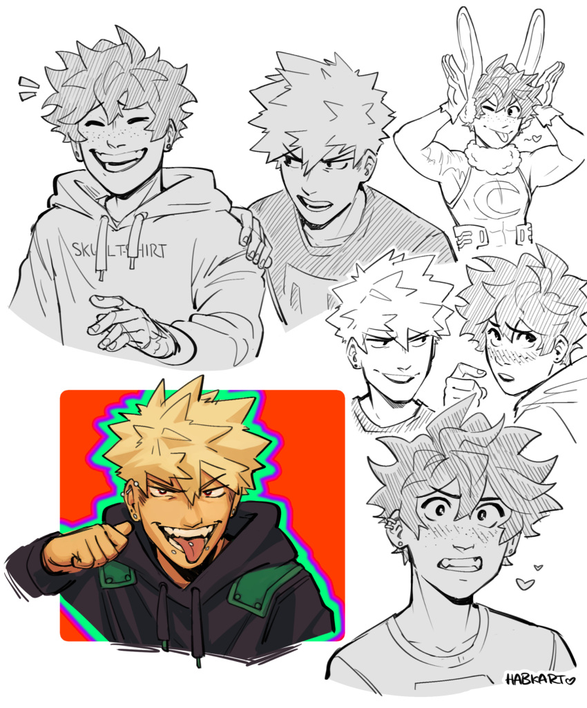 2boys animal_ears bakugou_katsuki black_hoodie blonde_hair blush boku_no_hero_academia clenched_teeth closed_eyes closed_mouth clothes_writing commentary cosplay earrings english_commentary freckles habkart hand_on_another's_shoulder highres hood hood_down hoodie jewelry long_sleeves looking_at_viewer male_focus midoriya_izuku mirko mirko_(cosplay) multiple_boys multiple_views one_eye_closed open_mouth piercing rabbit_ears short_hair simple_background smile spiky_hair teeth tongue_piercing upper_body white_background