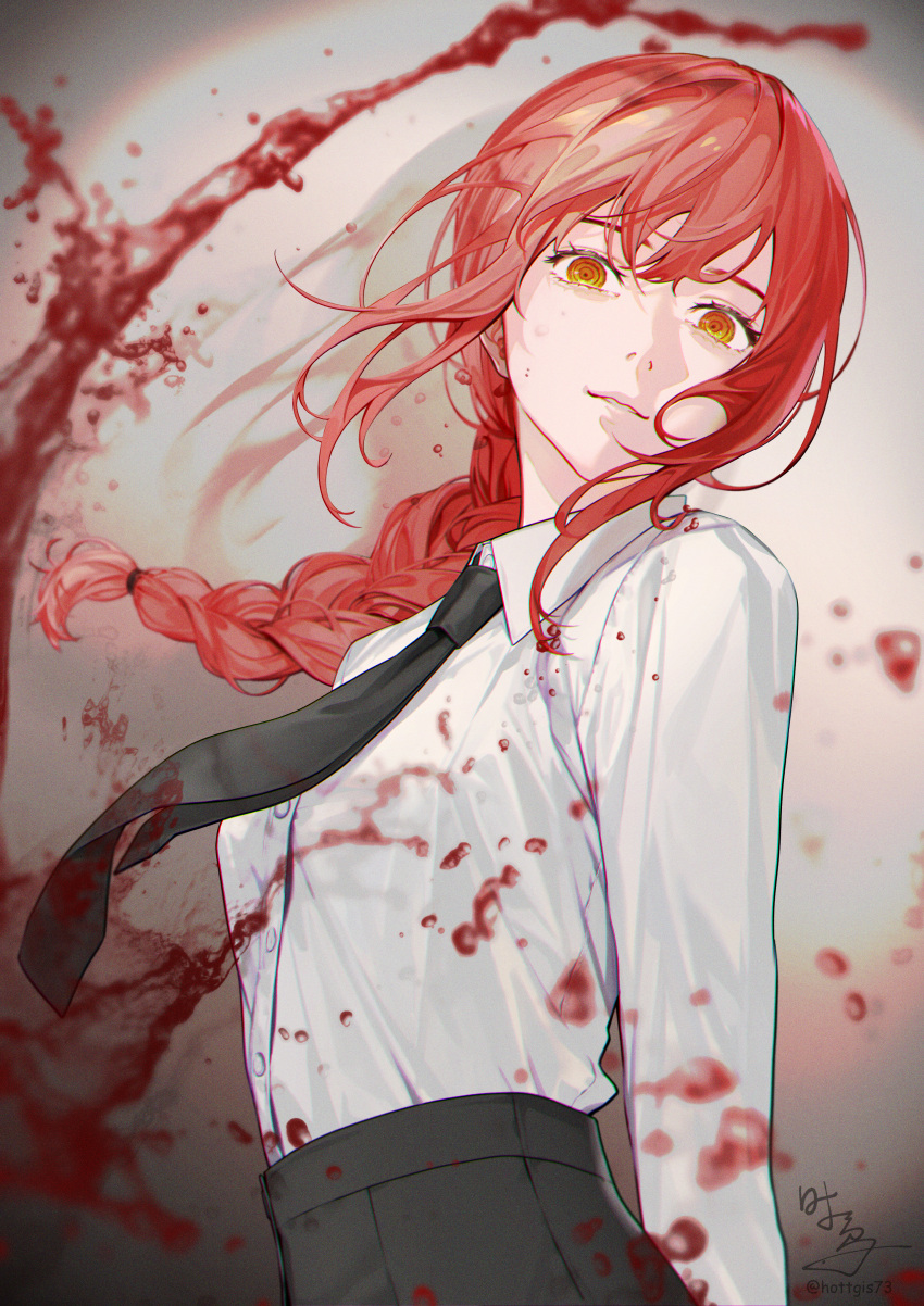 1girl absurdres artist_name black_necktie black_pants blood blood_drop blood_on_clothes blood_on_face braid breasts brown_background buttons chainsaw_man closed_mouth collared_shirt gradient_background grey_background hair_between_eyes hair_ornament highres long_hair long_sleeves looking_at_viewer makima_(chainsaw_man) medium_breasts necktie pants red_eyes red_necktie redhead ringed_eyes shadow shi_niao shirt sidelocks smile solo standing teeth white_shirt