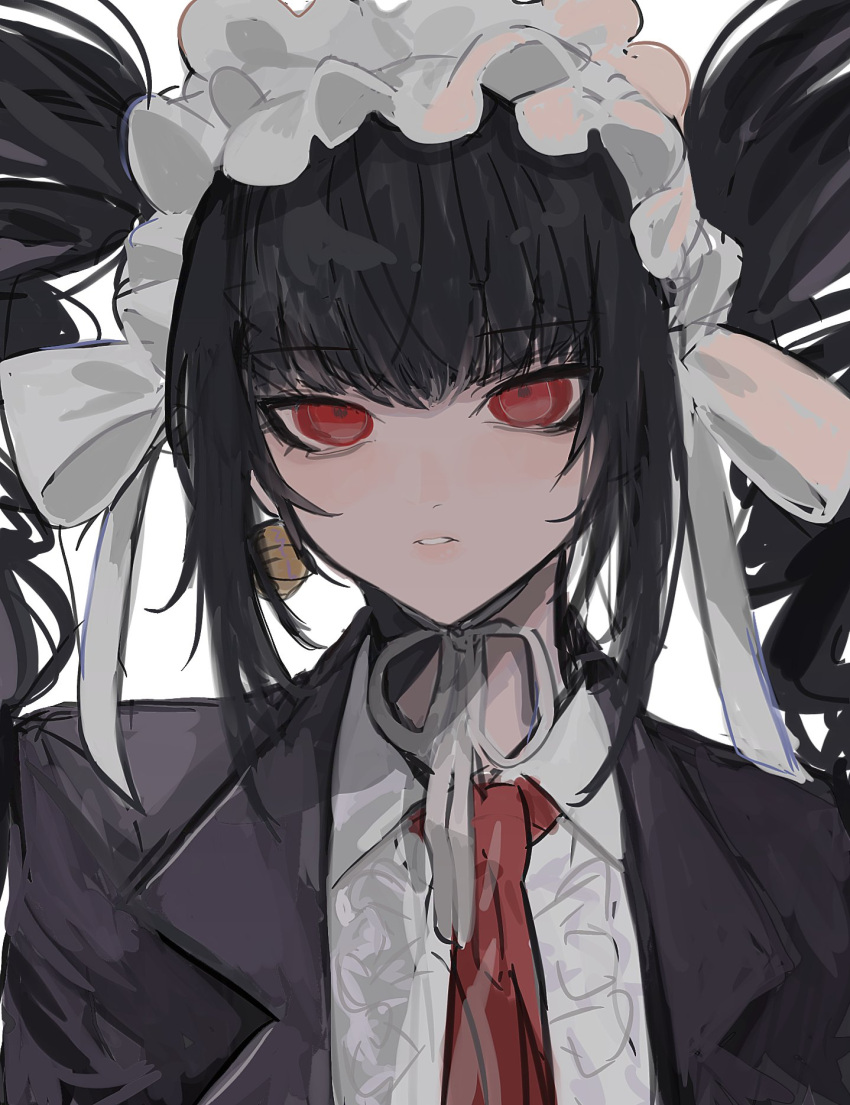 1girl black_hair bonnet celestia_ludenberg center_frills danganronpa:_trigger_happy_havoc danganronpa_(series) drill_hair earrings frills gothic_lolita highres jacket jewelry lolita_fashion long_hair long_sleeves looking_at_viewer nail_polish necktie open_clothes open_jacket red_eyes red_necktie shirt solo teeth twin_drills twintails ziyuuuuuuda