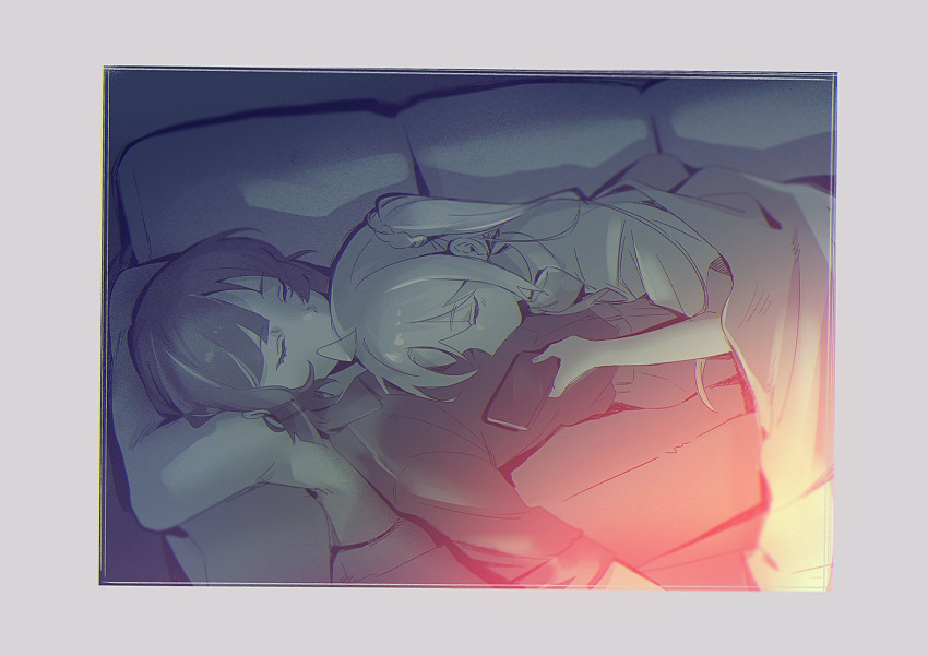 2girls a_wooya02 bocchi_the_rock! border cellphone chinese_commentary commentary_request couch grey_border highres holding holding_phone ijichi_nijika long_hair multiple_girls on_couch phone shirt short_hair side_ponytail sleeping yamada_ryou yuri