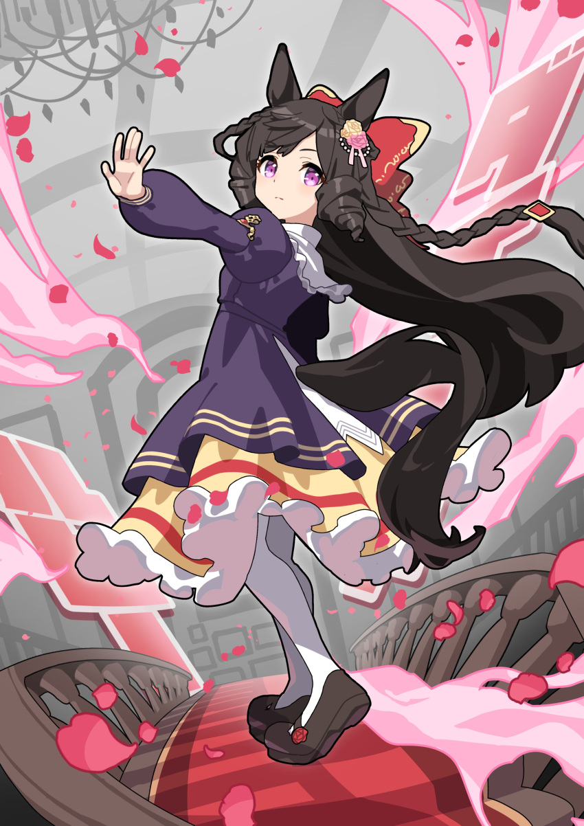 1girl absurdres animal_ears black_hair bow braid brown_footwear closed_mouth commentary daiichi_ruby_(umamusume) dress drill_hair flower full_body hair_bow hair_flower hair_ornament highres horse_ears horse_girl horse_tail juliet_sleeves kuroto_mato layered_dress long_hair long_sleeves looking_at_viewer looking_back outstretched_arm pantyhose petals puffy_sleeves purple_dress railing rose_petals shoes solo tail tail_through_clothes umamusume violet_eyes white_pantyhose