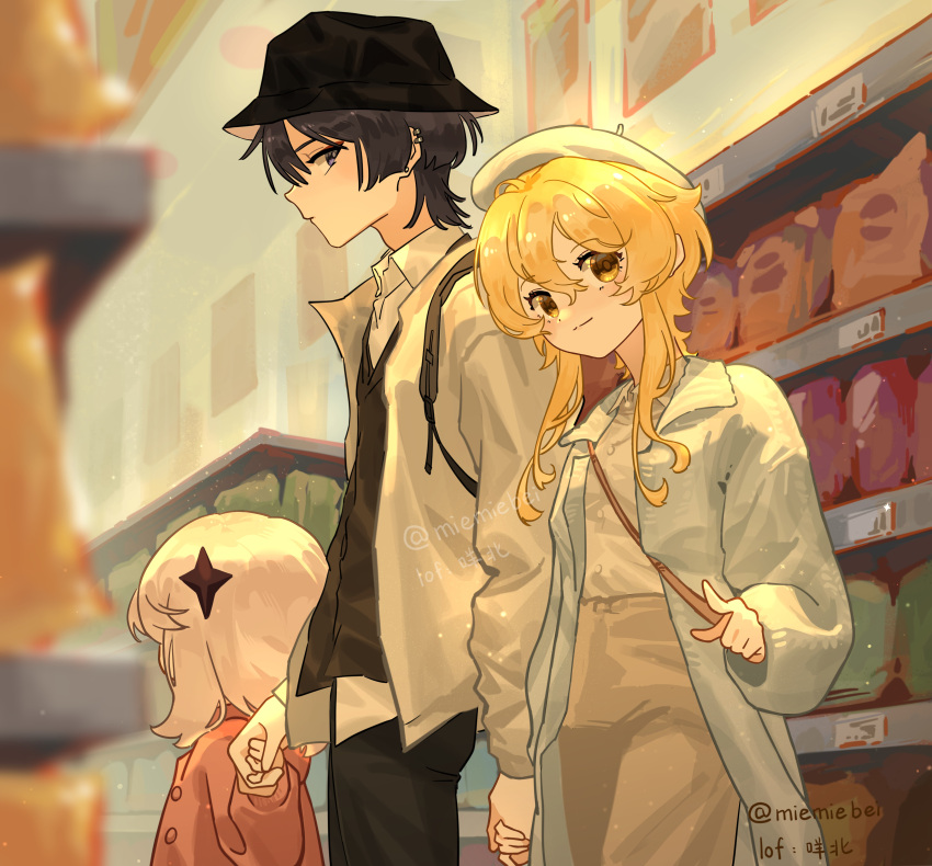 1boy 2girls absurdres alternate_costume backpack bag beret black_hair black_pants blonde_hair brown_pants bucket_hat casual closed_mouth collared_shirt cowboy_shot ear_piercing genshin_impact grey_jacket hair_between_eyes hat highres indoors jacket lofter_username long_hair long_sleeves looking_at_viewer looking_away lumine_(genshin_impact) miemiebei multiple_girls open_clothes open_jacket paimon_(genshin_impact) pants piercing pointing profile red_jacket scaramouche_(genshin_impact) shirt shirt_tucked_in shop short_hair sideways_glance smile twitter_username violet_eyes waistcoat watermark white_hair white_headwear white_shirt yellow_eyes