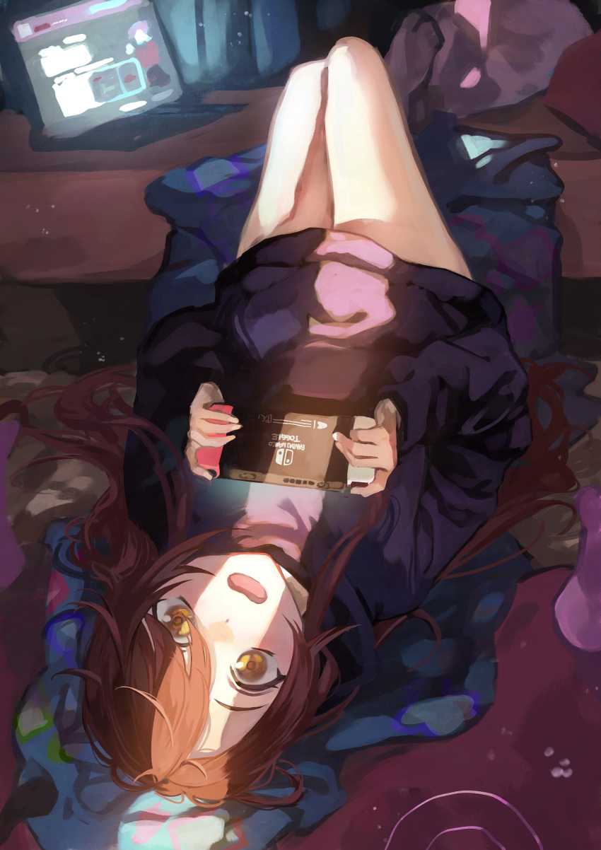 1girl commentary_request computer dark highres idolmaster idolmaster_shiny_colors laptop long_hair looking_at_viewer lying nintendo_switch on_back on_floor open_mouth osaki_tenka otsudou redhead smile solo_focus sunlight surprised upside-down yellow_eyes