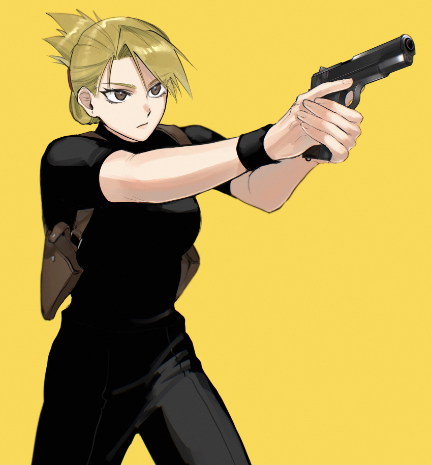 1girl absurdres aiming black_pants black_shirt black_wristband blonde_hair brown_eyes closed_mouth commentary_request cowboy_shot folded_ponytail fullmetal_alchemist gun handgun highres holding holding_gun holding_weapon holster m1911 outstretched_arms ozaki_(tsukiko3) pants riza_hawkeye shirt short_sleeves shoulder_holster simple_background solo trigger_discipline weapon wristband yellow_background