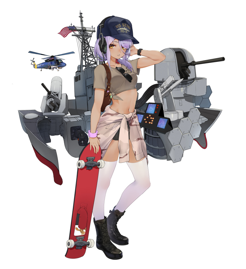 1girl absurdres aircraft american_flag baseball_cap bike_shorts black_footwear black_shorts blue_headwear boots breasts brown_shirt cannon clothes_around_waist dark-skinned_female dark_skin eyewear_removed frigate full_body hat helicopter highres jacket jacket_around_waist machinery military military_vehicle navel original personification phalanx_ciws purple_hair ship shirt short_sleeves shorts skateboard small_breasts solo standing sunglasses thigh-highs tied_shirt turret tuzik10 united_states_navy uss_stark_(ffg-31) warship watercraft white_thighhighs yellow_eyes