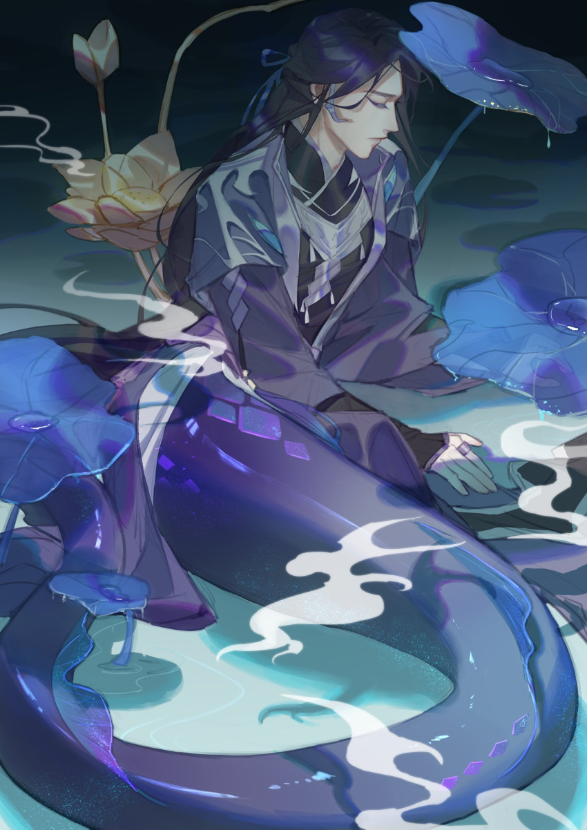 1boy absurdly_long_hair bishounen black_hair character_request closed_eyes closed_mouth clothing_request colored_eyelashes facing_to_the_side fins flower full_body highres jewelry long_hair long_sleeves male_focus mandarin_collar merman monster_boy monsterification otsuatsushi outdoors partially_submerged purple_scales ring scales sitting solo the_tale_of_food very_long_hair water water_drop wide_sleeves
