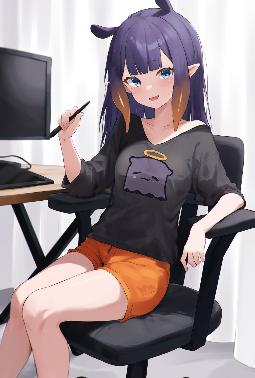 1girl absurdres black_shirt blue_eyes blunt_bangs blush collarbone gradient_hair highres holding holding_pen hololive hololive_english long_hair looking_at_viewer mole mole_under_eye multicolored_hair myonchi ninomae_ina'nis open_mouth orange_hair orange_shorts pen pointy_ears purple_hair shirt short_shorts shorts sidelocks sitting smile solo t-shirt takodachi_(ninomae_ina'nis) tentacle_hair virtual_youtuber