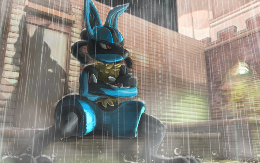 1other ambiguous_gender blue_fur city crossed_arms dragonnapoli furry light lucario no_humans outdoors pokemon pokemon_(creature) puddle rain red_eyes shadow snout wet
