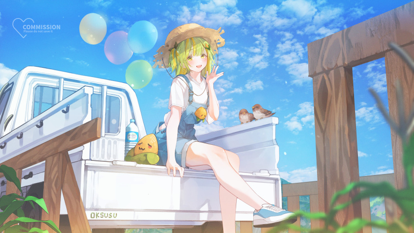 1girl absurdres balloon bird blonde_hair blue_overalls blue_sky blush clouds cloudy_sky commentary commission corn corn_hair_ornament day fence green_hair hat highres looking_at_viewer mole mole_under_eye motor_vehicle multicolored_hair open_mouth original outdoors overall_shorts overalls patch_oxxo pickup_truck plastic_bottle shirt short_hair sitting sky straw_hat symbol-only_commentary truck two-tone_hair white_shirt wooden_fence