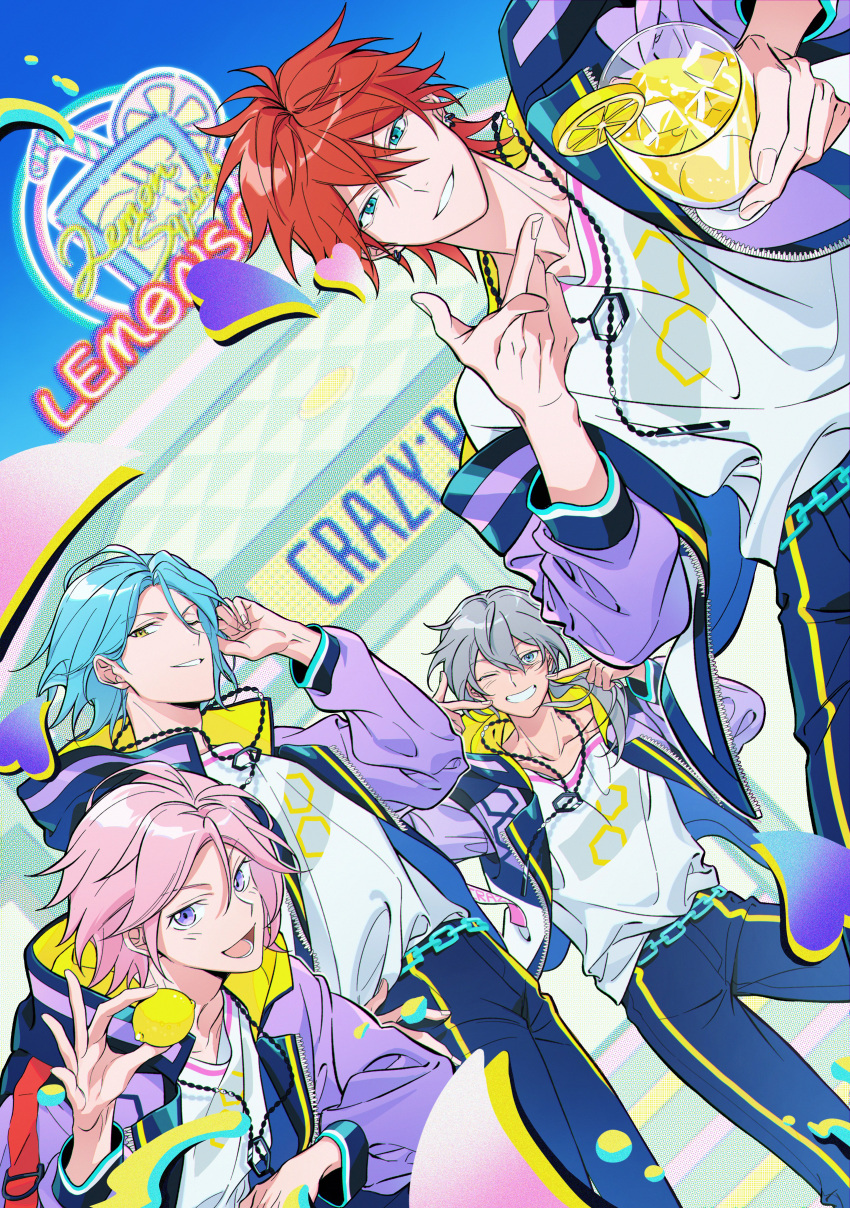 4boys :d absurdres amagi_rinne arms_up blue_eyes blue_hair blue_pants chain chain_belt collarbone commentary_request crazy_b_(ensemble_stars!) crossed_bangs cup dutch_angle earrings ensemble_stars! food fruit grey_hair grin hair_between_eyes hair_over_shoulder hand_up heart highres himeru_(ensemble_stars!) holding holding_cup holding_food holding_fruit hood hood_down hooded_jacket ice ice_cube jacket jewelry lemon lemon_slice lemonade long_hair long_sleeves looking_at_viewer male_focus mochiko_(zy) multiple_boys necklace off_shoulder one_eye_closed open_clothes open_jacket open_mouth oukawa_kohaku pants parted_bangs parted_lips pink_hair ponytail purple_jacket redhead shiina_niki shirt short_hair smile squatting standing teeth v-shaped_eyebrows violet_eyes white_shirt yellow_eyes zipper