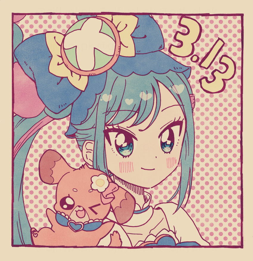 1girl aji_fry blue_hair blue_headwear blush commentary_request cure_spicy dated delicious_party_precure fuwa_kokone highres long_hair magical_girl one_eye_closed pam-pam_(precure) precure side_ponytail smile solo