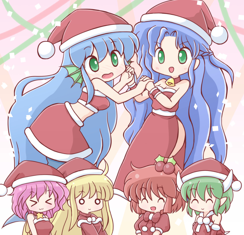 &gt;_&lt; 6+girls :3 angel angel_wings arle_nadja bell blonde_hair blue_hair blush brown_hair christmas christmas_ornaments closed_eyes draco_centauros dragon_girl dragon_horns green_eyes green_hair harpy_(puyopuyo) hat holding_hands horns jingle_bell long_hair ma-bonasu madou_monogatari mermaid monster_girl multiple_girls o_o pantyhose pink_hair puyopuyo red_skirt rulue_(puyopuyo) santa_costume santa_hat serilly_(puyopuyo) short_hair skirt wings witch_(puyopuyo) yellow_wings