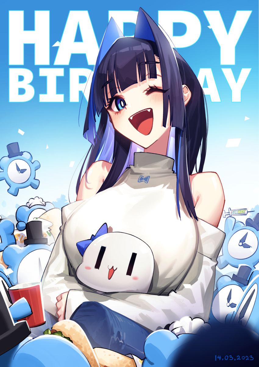 1girl absurdres adarin blue_eyes blue_hair blunt_bangs boros_(ouro_kronii) breasts dated detached_sleeves hair_intakes happy happy_birthday highres hololive hololive_english hug kronie_(ouro_kronii) long_hair looking_at_viewer one_eye_closed open_mouth ouro_kronii smile solo submarine_sandwich subway_(company) virtual_youtuber