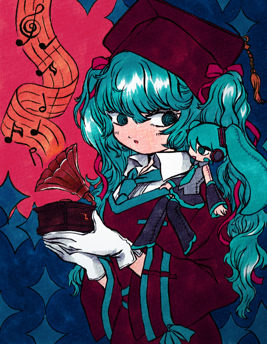 1girl aqua_eyes aqua_hair blue_background character_doll collared_shirt gloves hair_ribbon hat hatsune_miku highres holding long_hair looking_to_the_side marker_(medium) mortarboard musical_note necktie northeast_mountain parted_lips phonograph ribbon shirt stuffed_toy traditional_media twintails vocaloid wavy_hair